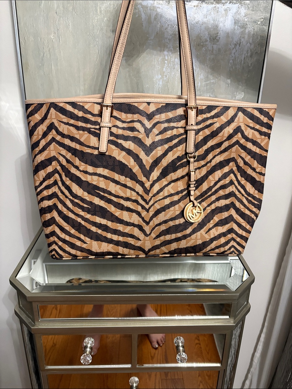 Michael Kors Zebra-Print Tote in Tan and Brown with Gold Charm